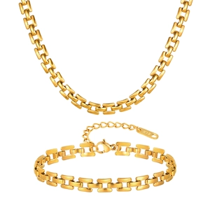 Gold-plated stainless steel watchband style necklace and bracelet jewelry set for women