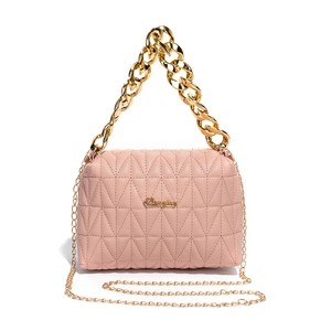 Pink quilted crossbody bag with golden chain handle and small logo in a clean studio shot