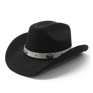 Classic black suede western cowboy hat with wide brim and silver floral metal buckles