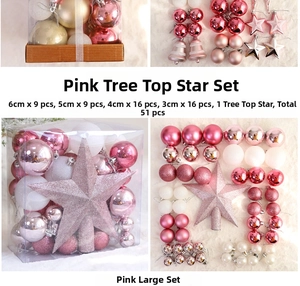 Détails d'un ensemble de 51 boules de Noël roses aux textures variées avec une étoile