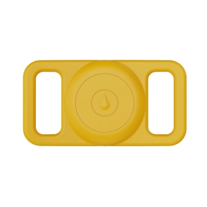 Detail of yellow silicone waterproof case for AirTag with dual-side attachment design