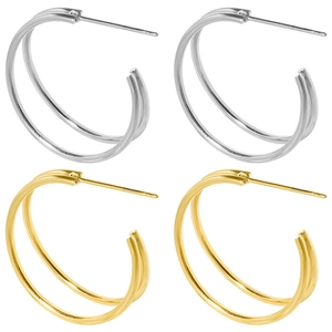 Minimalist double-layer stainless steel C-shaped hoop earrings in gold and silver set