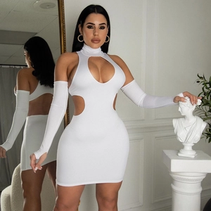 Robe Mini Moulante Blanche Pour Femmes Avec Découpe Col Montant Et Manches Longues Détachables Sexy Streetwear