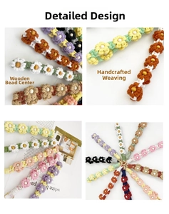 Close-up of handmade crochet daisy flower straps with wooden beads and metal hooks