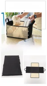 Detail view of foldable rectangular storage basket with woven mesh and side handles