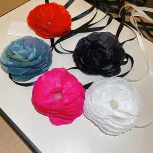 Large Fabric Flower Choker Necklace Long Satin Ribbon Tie Elegant Floral Neck Accessory For Women French Sweet Style