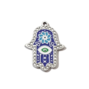 Close-up of Hamsa pendant with blue evil eye enamel and sparkling white rhinestones