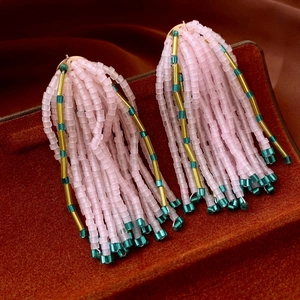 Bohemian Handmade Woven Seed Bead Tassel Drop Earrings With Silver Earring Post For Women Pink Elegant Vacation