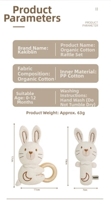 Organic cotton baby rattle set with rabbit shapes and detailed product specifications