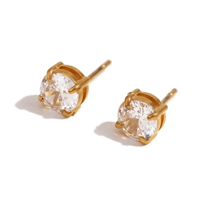 Classic 18K gold plated stainless steel stud earrings with round clear zircon stones