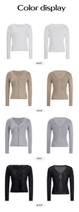 Dettaglio di cardigan in maglia con scollo a V nei colori bianco, kaki, grigio e nero