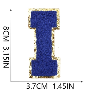 Royal blue chenille letter patch with gold sequins and size dimensions 8cm by 3.7cm