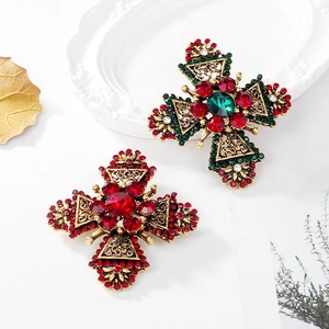 Vintage geometric cross brooches with emerald and ruby rhinestones in antique gold finish