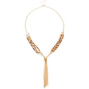 Ethnic style layered beaded necklace with gold chains and metallic tassels for women