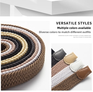 Detail of woven elastic belts in multiple colors with premium leather ends and stitching