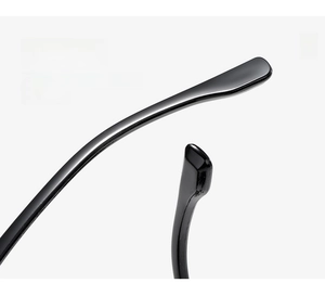 Macro shot of curved black temples on square sunglasses for enhanced wearing comfort