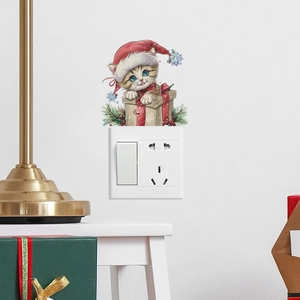 Christmas Cartoon Cat Switch Sticker PVC Wall Decal For Light Switch Festive Home Decor Removable Cartoon Kitten Gift Box