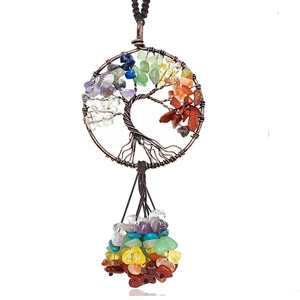 Handmade Tree of Life car hanging with heart shape, seven chakra stones, and stone tassels