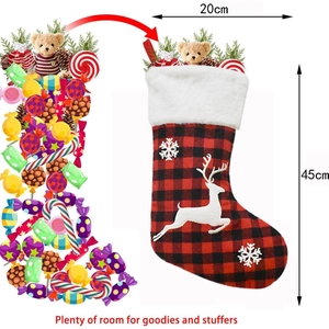 Red and black buffalo plaid Christmas stocking with white deer design, 45x20cm holiday decor.