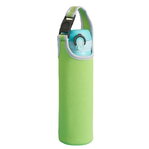 750ml green neoprene water bottle sleeve with light blue bottle and black buckle strap