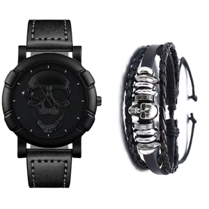 Detail of men's matte black skull watch and braided leather bracelets set on white background