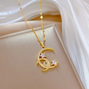 Elegant gold titanium steel necklace with sparkling moon and star pendant for women