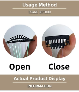 Close-up of hair extension BB clip showing open and closed states with laser tinsel