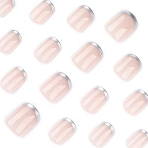 Minimalist short square press-on nails with nude base and silver French tips in a grid layout