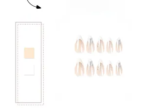 Detail of French white tip press-on nails with silver stars and sparkling rhinestones