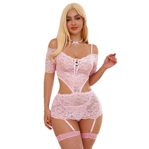 Pink lace lingerie set with off-shoulder floral design and sheer ruffle skirt