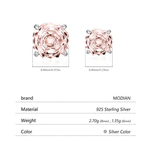 S925 sterling silver square pink gemstone stud earrings in 6mm and 8mm sizes