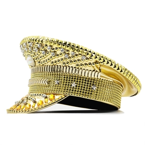Golden captain hat with crystals and studs for bridal stage performances and festivals
