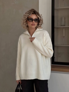 Cream white ribbed knit sweater for women with half-zip design and relaxed fit
