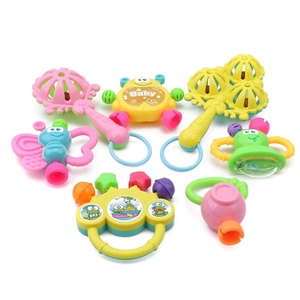 7-piece colorful baby rattle and teether set for sensory development on white background