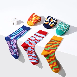 6er-Pack kreative Baumwollsocken mit geometrischem Muster für Damen und Herren in bunten Farben