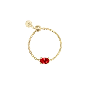 Adjustable S925 silver chain ring with gold plating and red oval zircon stone detail