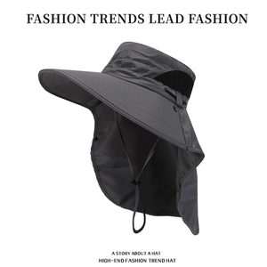 Dark grey outdoor sun hat with wide brim, integrated neck flap and breathable mesh mesh
