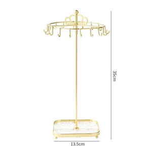 Golden crown jewelry stand with marble base and size labels 35cm high and 13.5cm wide