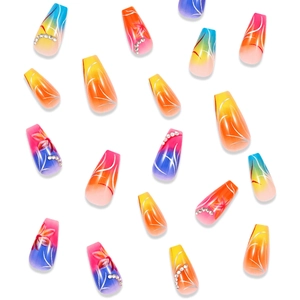 Medium long coffin press-on nails with colorful gradient flowers and shiny rhinestones