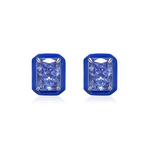 French style 925 silver stud earrings with ice-cut blue gemstones and blue enamel frame