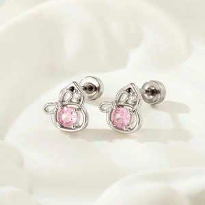 Pink Cubic Zirconia Gourd Bowknot Ear Cartilage Stud Titanium Steel Screw Back Helix Piercing Jewelry For Women Girls