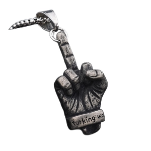Antique silver vertical middle finger gesture pendant on stainless steel chain