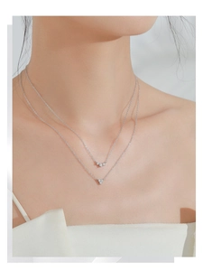 Detail of a minimalist silver double-layer necklace with zircon pendants on a model neck
