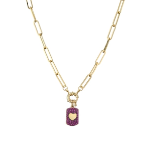 Gold paperclip chain necklace with a pink pave zircon rectangle heart pendant