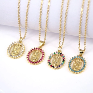 Oval Virgin Mary pendants in four colors with gold plating and colorful zircon stones