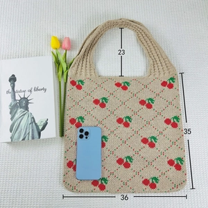 Detailed size guide of beige cherry knit tote bag showing dimensions 35cm by 36cm