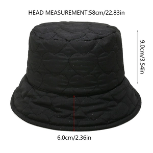 Quilted heart bucket hat size details showing 58cm head circumference and 9cm height
