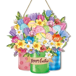 Wooden Happy Easter wall hanging with colorful spring tulips and painted eggs in jars