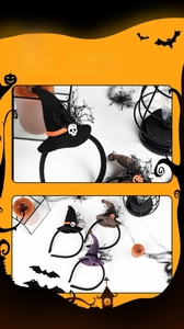 Detail of Halloween witch hat headbands with spider webs and mini skull decorations