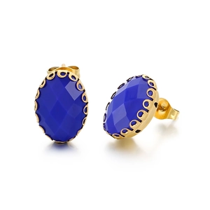 Minimalist oval blue glass earrings with golden basket claw setting on white backdrop